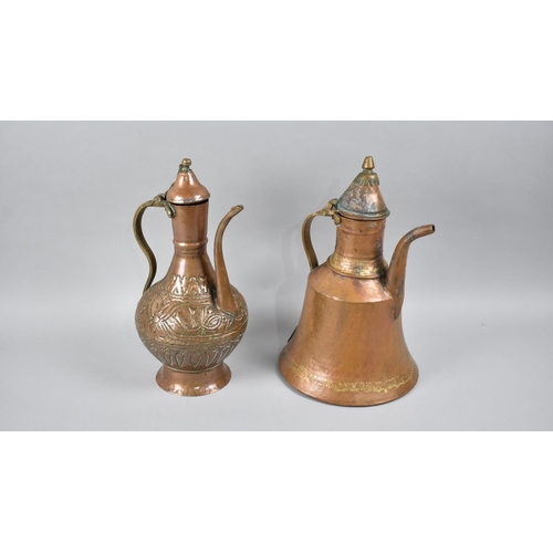 108 - Two Persian Copper Coffee Pots with Hinged Lids, 35cms High