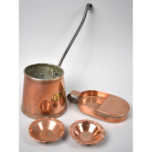 113 - A Late 19th Century Copper Cider Warmer, Slipper Pan and Two French Copper Souvenir Pin Dishes