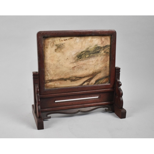 144 - A Reproduction Oriental Hardwood Framed Table Top Screen with Polished Stone Centre, 24cms Wide and ... 