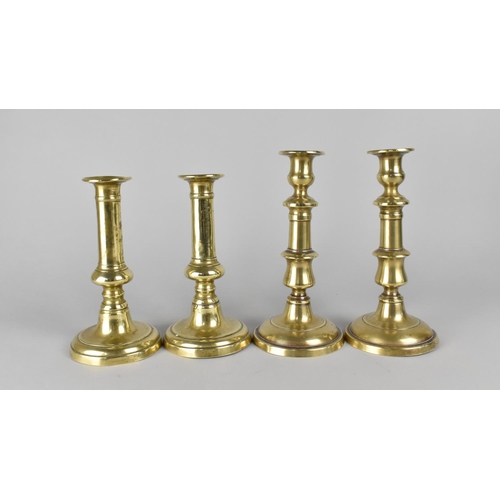 159 - Two Pairs of Late Victorian Brass Candlesticks with Pushers, Tallest 21.5cms High