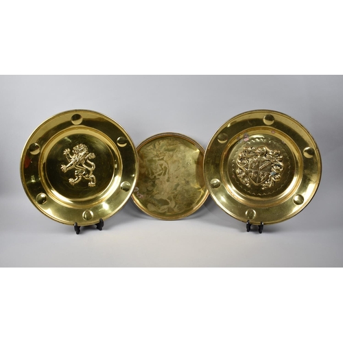 202 - A Pair of Mid 20th Century Circular Brass Wall Hanging Armorial Plaques, 36cms Diameter together wit... 