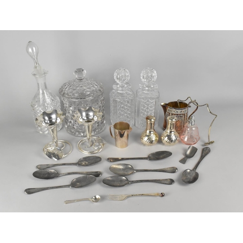 355 - A Collection of Various Glass and Metal Wares to Comprise Cut Glass Decanters, Biscuit Barrel, Silve... 