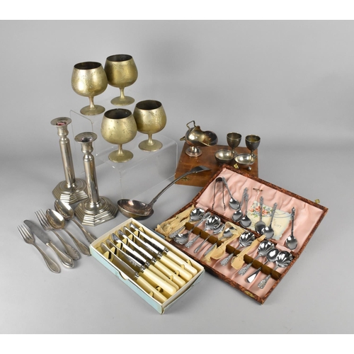 356 - A Collection of Silver Plated Items to Comprise Pair of Candlesticks, Goblets, Salts, Flatware etc