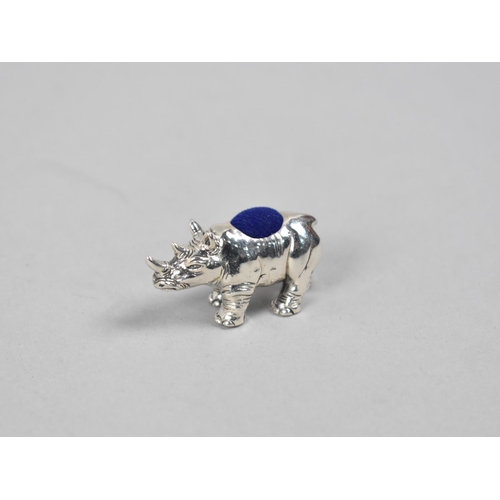 412 - A Miniature Sterling Silver Pin Cushion Modelled as a Rhinoceros, 5x1.5cm high