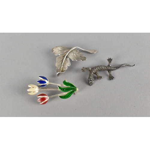 417 - Three Silver Brooches, Enamel Tulips, Lizard and Oak Leaf