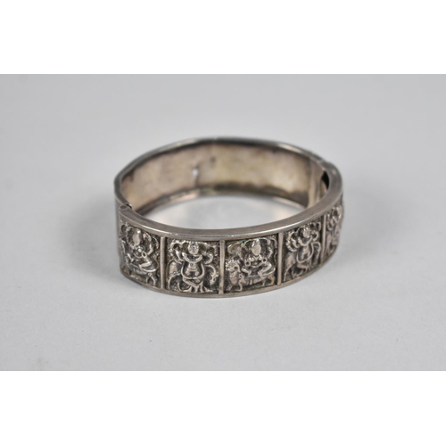 441 - A Victorian Silver Hinged Bangle, Six Panels to Front depicting Indian Deity Scenes, Birmingham Hall... 