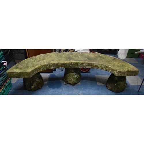 446 - An Early Hand Cut Sandstone Crescent Bench, Set on Three Hand Cut Staddle Stone Bases, 183cms Wide