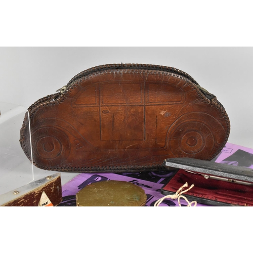 502 - A Collection of Vintage Sundries to Comprise Leather Purse in the Form of a Car, Watch Movements, Pe... 