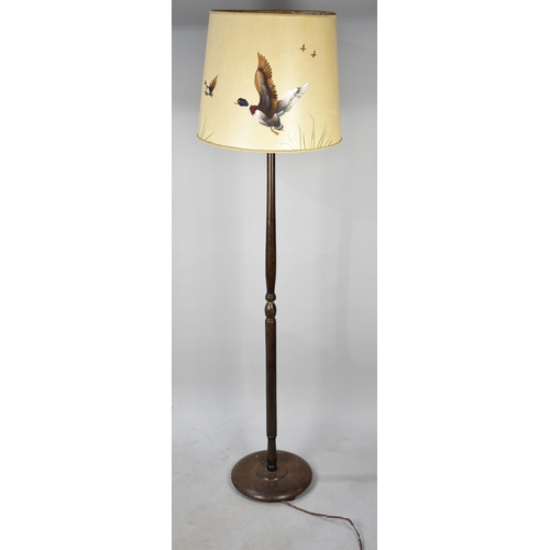 558 - A 1970s Turned Wooden Standard Lamp with Shade Painted with Ducks