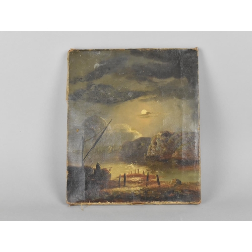 75 - A 19th Century Mounted but Unframed Oil on Canvas Depicting Moonlit Cove with Fishing Boat and Fishe... 