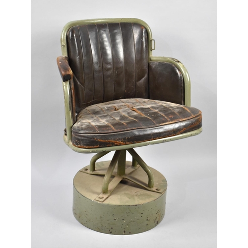 86 - A Vintage Metal Framed Leather Upholstered Swivel Chair, Formerly Aircraft Seat, Set on Later Circul... 