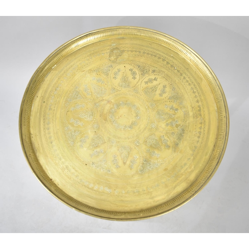 95 - An Indian Brass Benaries Tray on Folding Stand, Engraved Decoration, 57cms Diameter