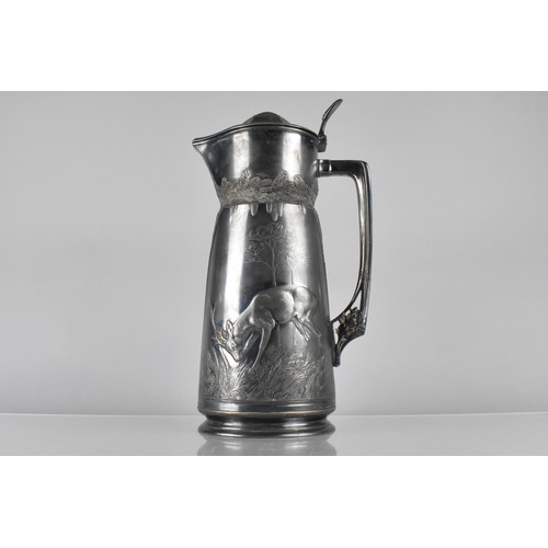 111 - A Large Orovit Lidded Pewter Jug decorated in Relief with Fox Chasing Ducks and Stag Grazing, 35cms ... 