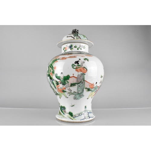 245 - A Chinese Qing Dynasty Porcelain Famille Verte Baluster Vase and Cover Decorated with Maidens and Ch... 