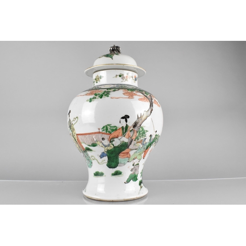 245 - A Chinese Qing Dynasty Porcelain Famille Verte Baluster Vase and Cover Decorated with Maidens and Ch... 