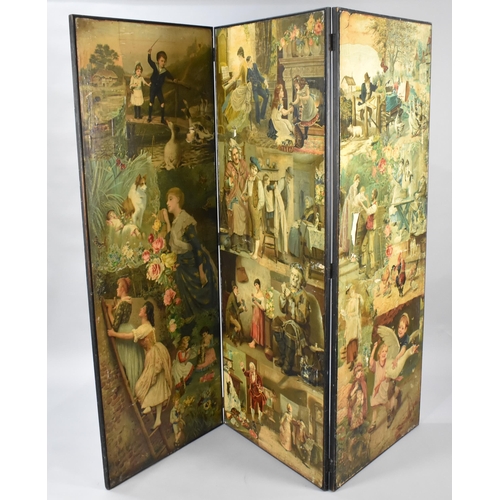 101 - A Victorian Decoupage Three Fold Dressing Screen/Room Divider, Each Panel Measuring 63x162cm