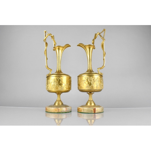 203 - A Pair of Gilt Bronze Ewers of Classical Form, Each Handle with Entwined Serpents and having Hind Le... 