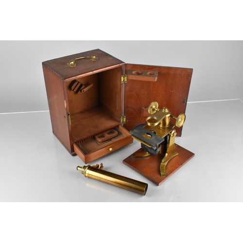 47 - A Late 19th Century Monocular Brass Mounted Microscope in Fitted Mahogany Box, 18.5x14x24cm High