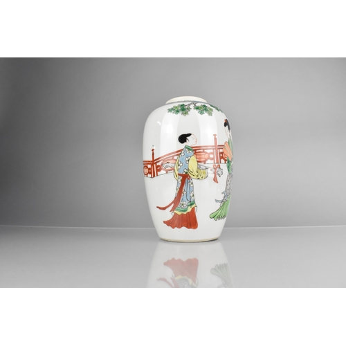 243 - A Chinese Porcelain Famille Verte Jar of Cylindrical Form Decorated with Figures in Exterior Setting... 