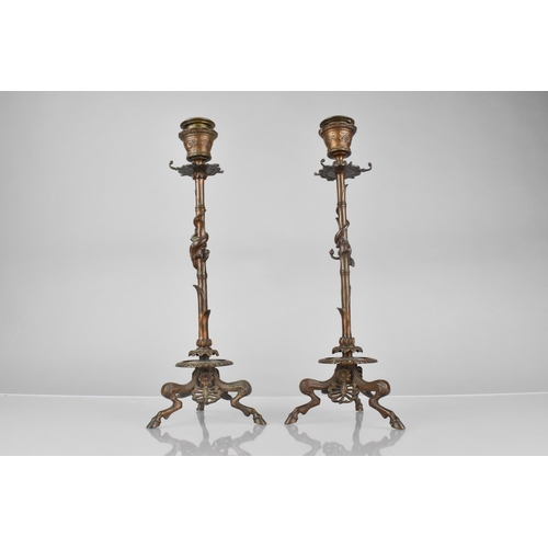 202 - A Pair of 19th Century Barbedienne Foundry Candlesticks Modelled with Gadrooned Sconce above Bamboo ... 