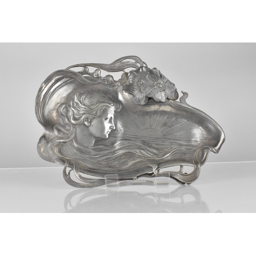 200 - A WMF Art Nouveau Pewter Dish Cast with Profile of Maiden with Flowing Hair Looking Out To Setting S... 