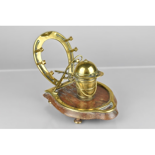 65 - An Edwardian Novelty Equestrian Brass Ink Stand Having Oak Horseshoe Shaped Base Raised on Four Bras... 