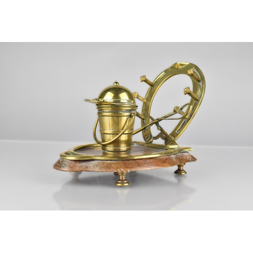 65 - An Edwardian Novelty Equestrian Brass Ink Stand Having Oak Horseshoe Shaped Base Raised on Four Bras... 