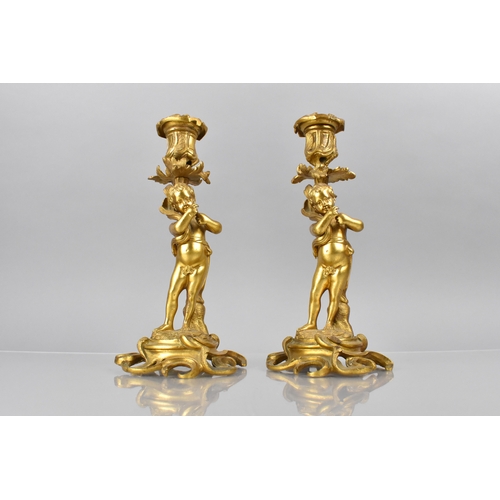 205 - A Pair of 19th Century Gilt Bronze Candlesticks Modelled with Classical Cherubs Supporting Acanthus ... 