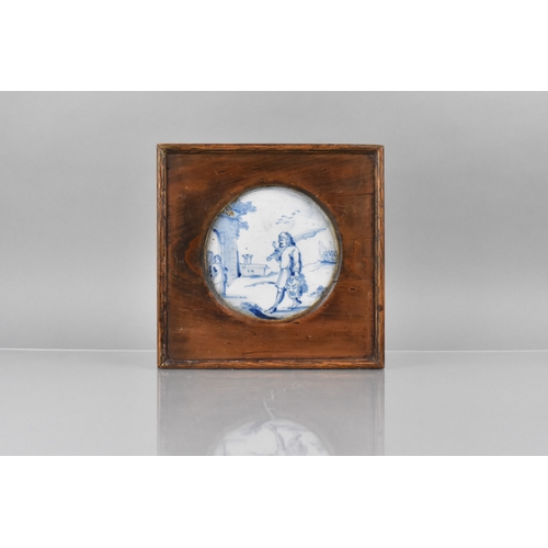 115 - A Wooden Framed 18th Century Delft Blue and White Tile Depicting David Holding the Head of Goliath a... 