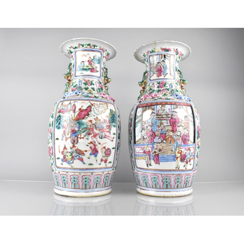 223 - A Pair of Chinese Qing Dynasty Famille Rose Vases Decorated with Legendary Battle Scene Cartouches o... 