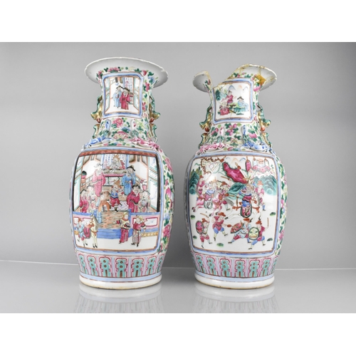 223 - A Pair of Chinese Qing Dynasty Famille Rose Vases Decorated with Legendary Battle Scene Cartouches o... 