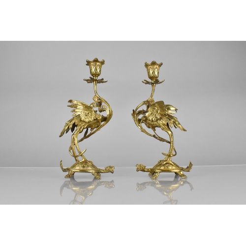 204 - A Pair of Gilt Bronze Candlesticks Modelled as Cranes Standing Upon Tortoises Supporting Scrolled Fo... 