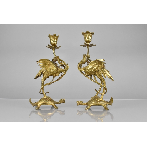 204 - A Pair of Gilt Bronze Candlesticks Modelled as Cranes Standing Upon Tortoises Supporting Scrolled Fo... 