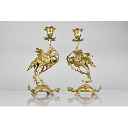 204 - A Pair of Gilt Bronze Candlesticks Modelled as Cranes Standing Upon Tortoises Supporting Scrolled Fo... 