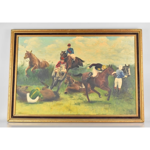 67 - S. Harvey, Framed Oil on Canvas, Mid/Late 20th Century English School, Jockeys Clearing Canal Turn, ... 