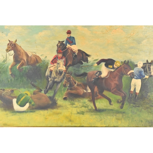 67 - S. Harvey, Framed Oil on Canvas, Mid/Late 20th Century English School, Jockeys Clearing Canal Turn, ... 