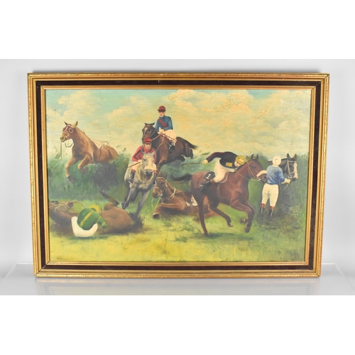 67 - S. Harvey, Framed Oil on Canvas, Mid/Late 20th Century English School, Jockeys Clearing Canal Turn, ... 