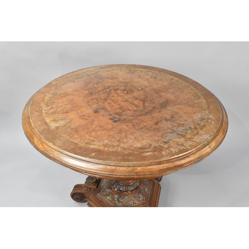 108 - A 19th Century Walnut Topped Centre Table, the Circular Top on Carved Bulbous Support Culminating to... 