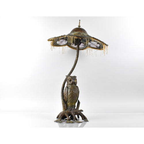 209 - An Early 20th Century Austrian Bronze Table Lamp Modelled with Owl Under Shaped Art Nouveau Influenc... 