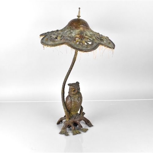 209 - An Early 20th Century Austrian Bronze Table Lamp Modelled with Owl Under Shaped Art Nouveau Influenc... 