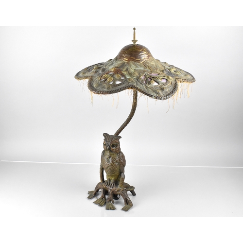 209 - An Early 20th Century Austrian Bronze Table Lamp Modelled with Owl Under Shaped Art Nouveau Influenc... 