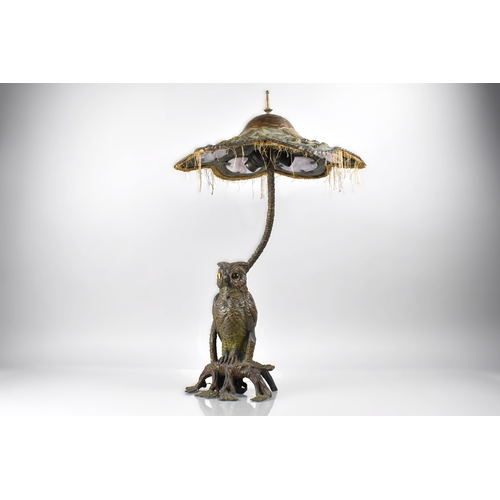 209 - An Early 20th Century Austrian Bronze Table Lamp Modelled with Owl Under Shaped Art Nouveau Influenc... 