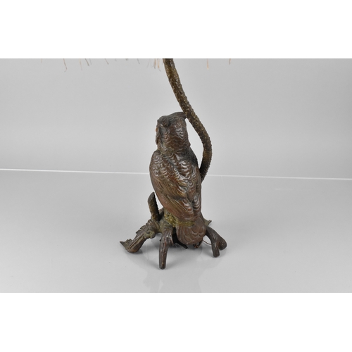 209 - An Early 20th Century Austrian Bronze Table Lamp Modelled with Owl Under Shaped Art Nouveau Influenc... 