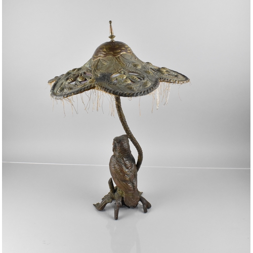 209 - An Early 20th Century Austrian Bronze Table Lamp Modelled with Owl Under Shaped Art Nouveau Influenc... 