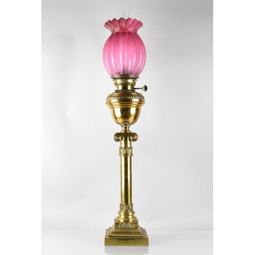 208 - A Nice Quality 19th Century Brass Oil Lamp of Corinthian Column Form on Stepped Source Weighted Base... 