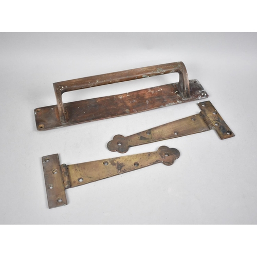 104 - A Vintage Brass Door Handle and a Pair of Vintage Brass Door Hinges, Handle 35.5cms High