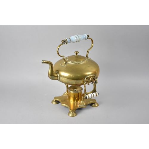 113 - A Late Victorian/Edwardian Brass Spirit Kettle on Stand with Glass Carrying Handles, AF, 33cms High