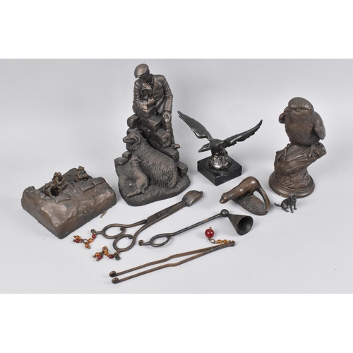 125 - A Miniature Bronze Study of Seated Dog with Lead in Mouth, a Bronze Effect Metal Seagull with Wings ... 