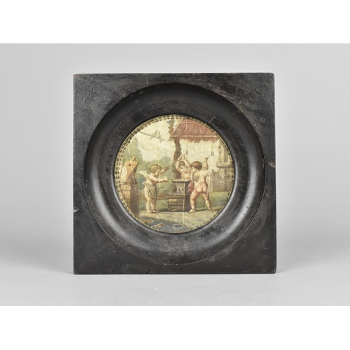 144 - An Ebonized Framed Printed Miniature Depicting Three Cherubs at Anvil, 16cms Square