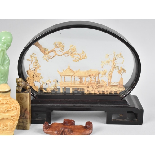 287 - A Collection of Oriental Items to Include Cork Dioramas, Jade Effect Figures, Snuff Bottle etc